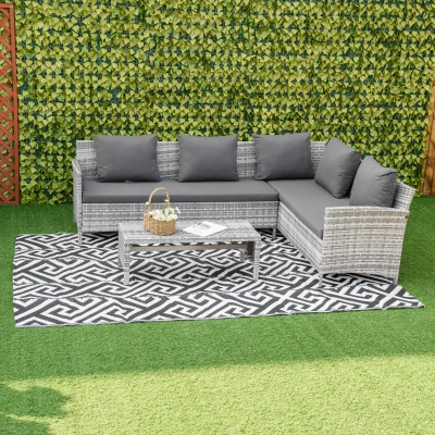 Outsunny Alfombra de Exterior Reversible 182x274 cm con Patrón Geométrico Acabado Impermeable Blanco y Negro