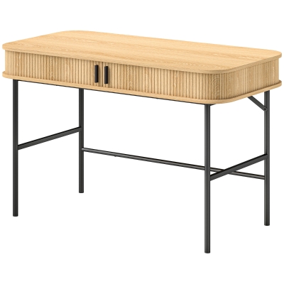 HOMCOM Schreibtisch, Retrostil, Lamellendekor, Staufächer, Stahlbeine, 120 x 60 x 76,5 cm, Eiche/Schwarz