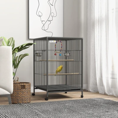 PawHut Gaiola para Pássaros com Rodas Gaiola para Aves com Comedouro Poleiro Baloiço e Bandeja Amovível 48x46x74 cm Cinzento