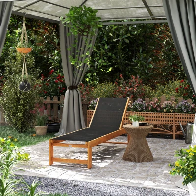 Outsunny Espreguiçadeira de Madeira Espreguiçadeira de Jardim com Rodas Encosto Ajustável em 4 Níveis 186x60x33 cm Teca e Preto
