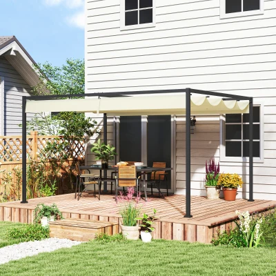 Outsunny Pérgola de Jardín 4x3m Cenador de Techo Retráctil de Poliéster Recubrimiento Resistente para Celebraciones Crema