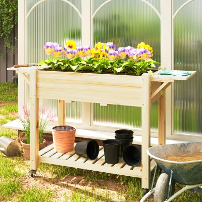 Outsunny Jardinera Elevada con Ruedas Repisas Plegables y Estante 145x52x86 cm Sistema de Drenaje y Estructura de Madera Natural