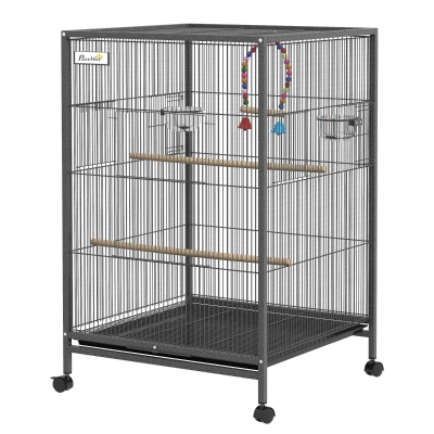 PawHut Gaiola para Pássaros com Rodas Gaiola para Aves com Comedouro Poleiro Baloiço e Bandeja Amovível 48x46x74 cm Cinzento
