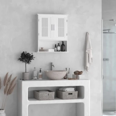 kleankin Armário de Parede Casa de Banho com Armazenamento 2 Portas em Ripas Prateleira Ajustável e Compartimento 60x20x70 cm Branco