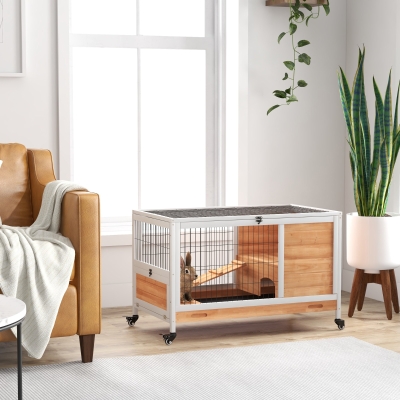 PawHut Coelheira de Madeira Gaiola de para Pequenos Animais Portátil com Teto Abatível Rampa Bandeja Amovível 90x53x59cm Madeira