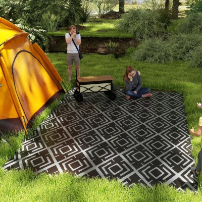 Outsunny Alfombra de Exterior Reversible 182x274 cm con Patrón Geométrico de Rombos Impermeable Bolsa de Transporte Negro