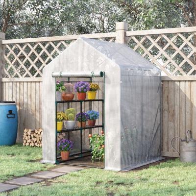Outsunny Estufa de Jardim 143x143x195 cm Estufa de Aço com 2 Prateleiras e Porta Enrolável para Cultivos de Plantas Vasos de Flores Pátio Exterior Branco