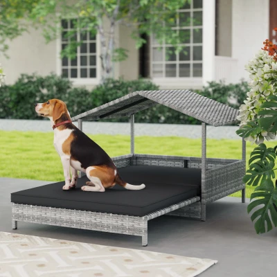 PawHut Elevated Dog Bed Rattan Charcoal Grey with Cushion