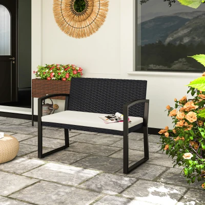 Outsunny Banco de Ratán Sintético para 2 Personas 103x58x78 cm con Cojín Respaldo Inclinado y Estructura de Acero Galvanizado