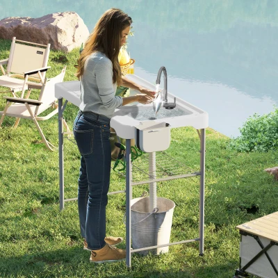 Outsunny Mesa Plegable para Camping con 2 Fregaderos Manguera de Drenaje Estación de Limpieza y Grifo Blanco