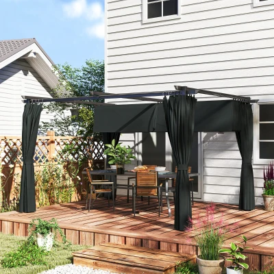 Outsunny Pérgola con Techo Retráctil 4x3 m Cenador con Paredes Laterales Anti-UV Resistente al Agua para Jardín Patio Gris Oscuro