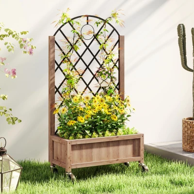 Outsunny Raised Garden Bed with Metal Trellis Brown