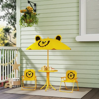 AIYAPLAY Kindertuinmeubelset, Stoelen, Tafel, Parasol, Leeuwendesign, Geel
