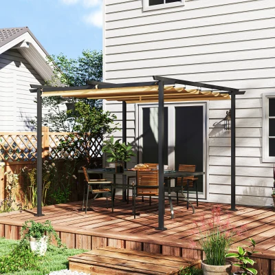 Outsunny 3 x 3 m Garten-Pergola mit verstellbarem Dach, Metallrahmen, UPF30+ Schutz, Sonnendach für Veranda, Terrasse, Beige