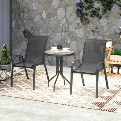 Outsunny Conjunto de Mesa e Cadeiras de Jardim de 3 Peças Móveis de Jardim com Cadeiras Empilháveis e Bancada de Vidro Preto
