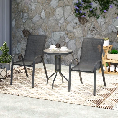 Outsunny Conjunto de Mesa e Cadeiras de Jardim de 3 Peças Móveis de Jardim com Cadeiras Empilháveis e Bancada de Vidro Preto