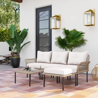 Outsunny Conjunto de Jardín de Ratán Sintético con Sofá de Exterior de 4 Módulos y 1 Mesa de Centro y Cojines Crema