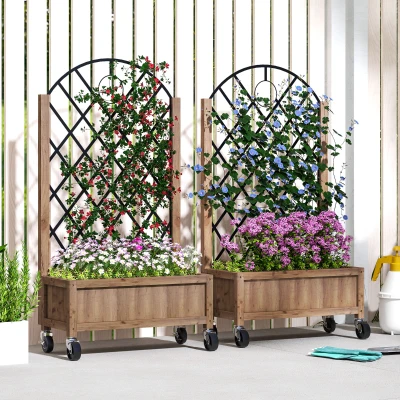 Outsunny 2 Jardineras de Madera Elevadas con Enrejado Metálico para Plantas Trepadoras y Flores 52x25x97 cm Marrón y Negro