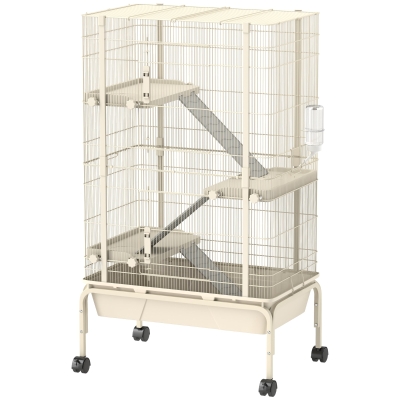 PawHut Jaula para Animales Pequeños de 4 Niveles con Ruedas Rampas Cuenco Botella de Agua 69x44x120 cm Beige