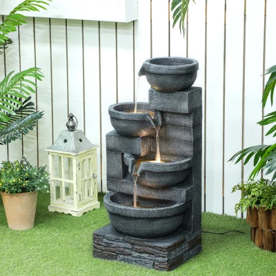 Outsunny Fuente de Jardín con Iluminación LED Fuente Decorativa en Cascada de 4 Niveles 38x35x78,5 cm Gris