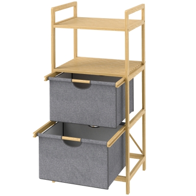 HOMCOM Panier à Linge Bambou avec 2 Sacs Coulissants et Étagères
