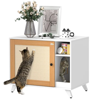 PawHut Móvel Caixa de Areia para Gatos Caixa de Areia para Gatos com Porta Tapete para Arranhar e Compartimento 77x50x63 cm Branco
