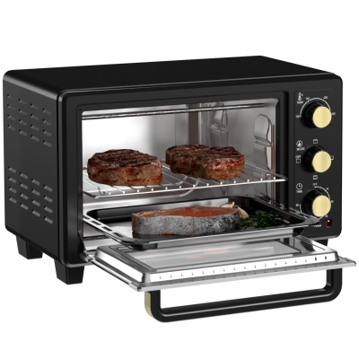 HOMCOM Mini-Oven, Toasteroven met Timer, Rooster, Bakplaat, Glazen Venster, Metaal, Zwart
