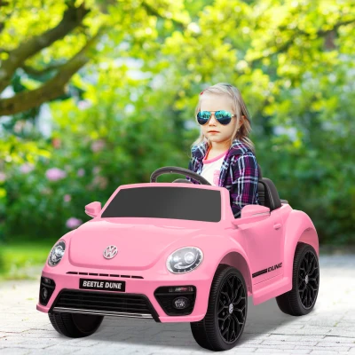 AIYAPLAY Carro Elétrico para Crianças Carro Elétrico Infantil Volkswagen Beetle com Bateria 12V Faróis Buzina e Música 97x56,5x46 cm Rosa