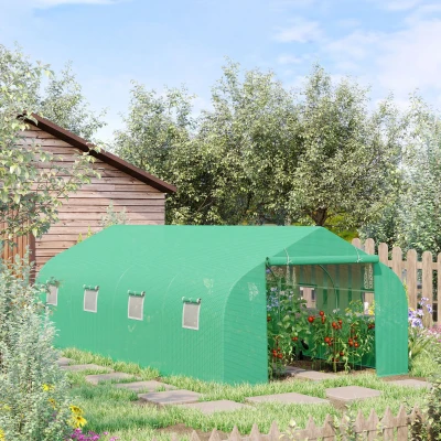 Outsunny Estufa Tipo Túnel de Jardim 600x300x200cm para Cultivo de Plantas Verduras com 8 Janelas e Porta Enroláveis com Zíper Aço Verde