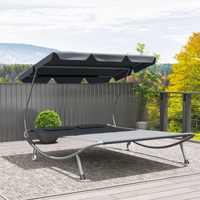 Outsunny Double Hammock Bed with Canopy Light Grey