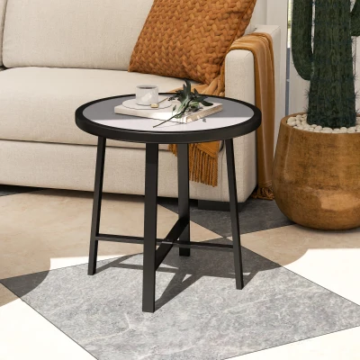 Outsunny Round Garden Table 50.5cm Metal Frame Grey Wood