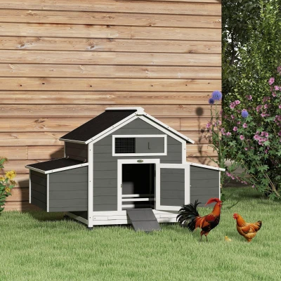PawHut Galinheiro para Exterior 150x100x96,5 cm Galinheiro de Madeira com 2 Ninhos Bandeja Amovível Cinza e Branco