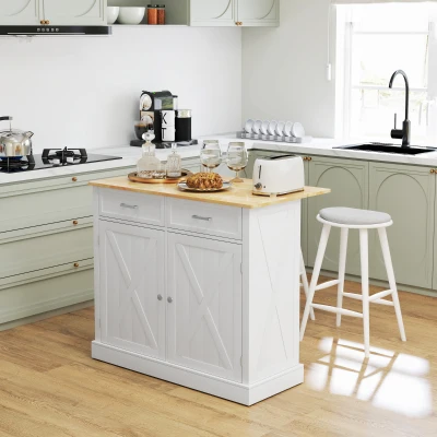 HOMCOM Isla de Cocina Carro de Cocina con Encimera de Madera Plegable 2 Puertas 2 Cajones Estante Ajustable y 4 Ruedas 105x60x90,5 cm Blanco