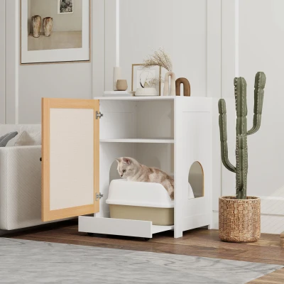 PawHut Móvel Caixa de Areia para Gatos com Compartimento Extraível Rodas e Tapete para Arranhar 57x50x80,5 cm Branco e Madeira