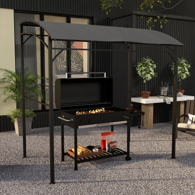 Outsunny Grillpavillon, Grillüberdachung, Regenschutz, Haken für Utensilien, Stahlrahmen, Dunkelgrau, 215 x 150 x 182/220 cm