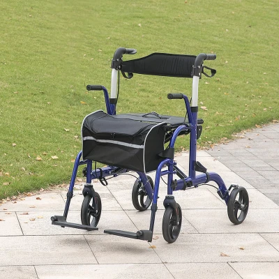 HOMCOM 2 in 1 Wheelchair Transport Chair & Folding Rollator Walker with Seat, Backrest, Footrest, Lightweight Walking Frame with Bag, Adjustable Height, 4 Wheeled Walker for Seniors, Pearl Blue