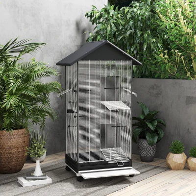 PawHut Gaiola para Pássaros Metálica com com Rodas Bandeja Amovível 4 Portas 2 Comedouros e 8 Poleiros 79x65x155 cm Preto