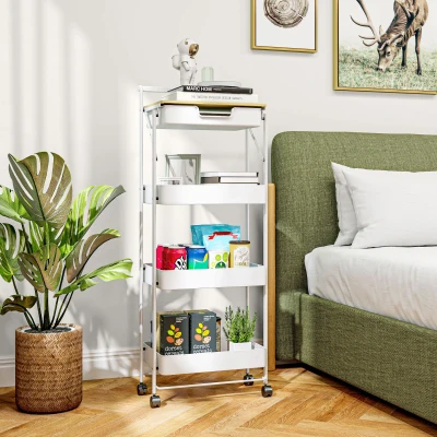HOMCOM Carrito Auxiliar con Ruedas de 4 Niveles con Cajón Encimera y Cestas de Rejilla para Dormitorio Baño Cocina Blanco