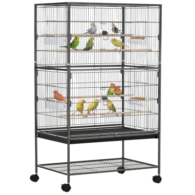 PawHut Gaiola para Pássaros com Rodas Bandeja Amovível 4 Portas 4 Comedouros e Prateleira de Armazenamento 78x52x132cm Cinza