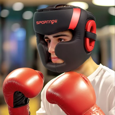 SPORTNOW Capacete de Boxe com Correia Ajustável Protetor de Cabeça para Artes Marciais Karate Tamanho L Vermelho e Preto
