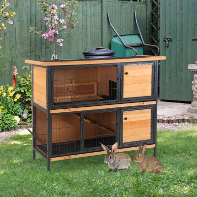 PawHut Jaula para Conejos con Techo Asfáltico Abatible Puertas con Pestillo Bandejas Extraíbles 122x50x101 cm Natural y Negro