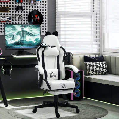 HOMCOM Cadeira Gaming com Orelhas Cadeira Gamer Reclinável com Altura Ajustável e Suporte Lombar 65x62x116-124 cm Branco
