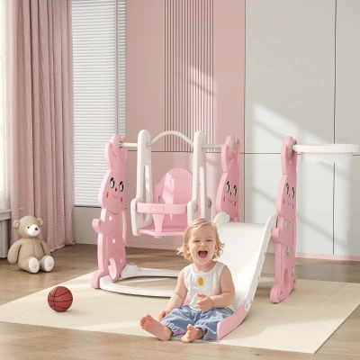 AIYAPLAY 4-in-1 Kids Slide Swing Climber Rabbit Pink