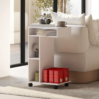 HOMCOM Beistelltisch, C-förmiger Servierwagen, 4 Rollen, 3 Fächer, 40 x 30 x 69 cm, Weiß