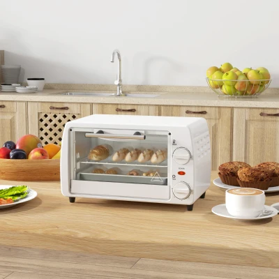 HOMCOM Mini Forno Elétrico 10 Litros 750W com Temperatura até 230 °C Temporizador 60 Minutos Bandeja e Grade 36,5x26x22 cm Branco