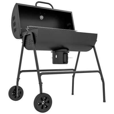 Outsunny Metalen Houtskoolbarbecue BBQ Smoker met Deksel Thermometer Wielen Grillwagen 95x71,5x102 cm Zwart