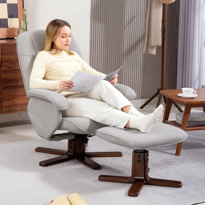 HOMCOM Linen Swivel Recliner Chair with Footstool Light Grey