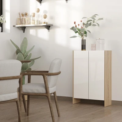 HOMCOM Armário de Armazenamento de 2 Portas Móvel Auxiliar de Casa de Banho Multiuso com 2 Prateleiras para Cozinha Sala de Estar Dormitório 60x25x90cm Acabado em Branco Brilhante