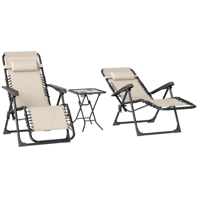 Outsunny Gartenliege Set 3-TLG. Sonnenliege mit Teetisch 2 Liegestühle Kissen, Outdoor Liege 90x56x110 cm Beige