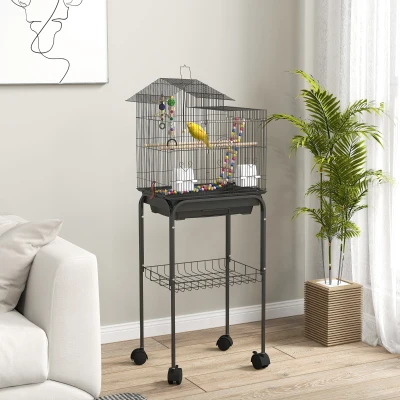 PawHut Gaiola para Passáros Gaiola de Metal com Portas 4 Comedouros 3 Poleiros Baloiço Escadas e Bandeja Removível 46x36x120 cm Preto